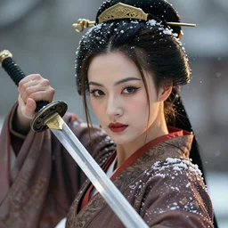 a beautiful ultradetailed fantasy character portrait of margot robbie as a geisha wielding a sword by charlie bowater, catchlight in the eyes, trending in behance, close up portrait photo, bokeh, 4K, during snowfall