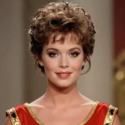 Head Shot of a young Sharon Stone as Princess Aura in Flash Gordon 1980, Red Gold and Black outfit, film still