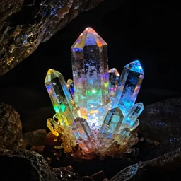 Colorful crystals glowing in a dark cave
