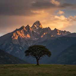 award winning landscape photography by charlie waite, lone tree in foreground with jagged mountains in background, sunset, dramatic lighting, clouds