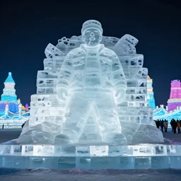 dramatic photo, an ice sculpture of rapper'ice cube'carved out of ice at harbin ice festival, full body, wide angle photo, award winning