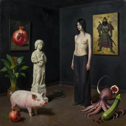 realistic painting of a burnt female artist's apartment, black dripping walls, tall emo girl, stone sculpture, a pig, a samurai painting on black walls, pomegranate, bromeliads, tusks, octopus, a courgette, berries, zen, sensual, surrealist painting by magritte and rousseau and kahlo