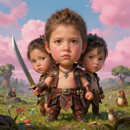 , oversized head a full - body portrait of a little cuties tai warlord with 3 times oversized head wearing leather costumes and holding his bronze dagger in an overgrown battlefield, skies with pink fluffy clouds, small forest creatures. artwork by mark ryden and jasmine becket - griffith, 4 k insane detail, pop surrealism