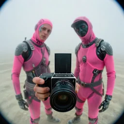 cinestill hasselblad 8 mm, f 1. 2, camera on the ground, extreme fisheye, extreme motion blur, candid photographic portrait by robert capas of 2 cyborgs wearing rugged neon pink mesh techwear in treacherous fog, burning man nevada, modern cyberpunk moody depressing cinematic, pouring rain, ultra realistic faces, ex machina