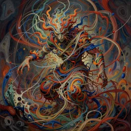 an amorphous creature made of the fabric of time, weaving threads of fate and chaos across eternity, rich colors, fantasy illustration