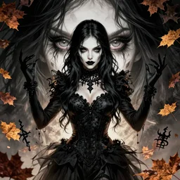 beautiful stella maeve magician, black magic spells, in the style of rafeal albuquerque comicbook cover art, phil noto, realistic character concept, creepy pose, spooky, symmetrical face and body, volumetric lighting, detailed realistic symmetrical eyes, 8 k, insanely detailed and intricate elegant, autumn leaves, artgerm
