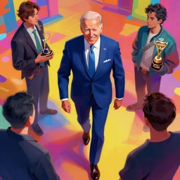 portrait of joe biden walking towards camera, smiling down from above turned away, artstation winner by victo ngai, kilian eng and by jake parker vibrant colors, winning - award masterpiece, fantastically gaudy, aesthetic octane render, 8 k hd resolution