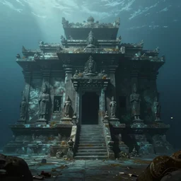 full color, low wide shot of submerged pre - incan temple, underwater, statues, anime style mixed with fujifilm, dark, foggy, atmospheric, artstation, cgsociety, octane render, cgi, unreal engine 5, denoise, detailed, cinematic masterpiece