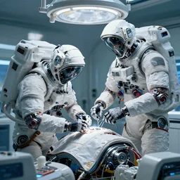 graphic art of dystopian futuristic 1 0 mechanic surgeons astronaut humans, operate on a mickeymouse!!! head balloon float brain exposed, held by a crane. ominous glowing red netflix!!! sign in the background, trending on art station, beeple!!, clean concept art, smooth, octane render, minimal