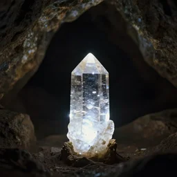 a glowing crystal is sitting inside a dark cave, rule of thirds, clear focus, bokeh effect, high res, hasselblad, dslr, professional, cinematic, frans lanting