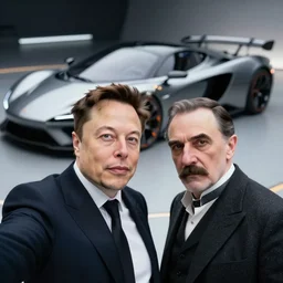 elon musk and nikola tesla taking a selfie together in front of a futuristic sports car