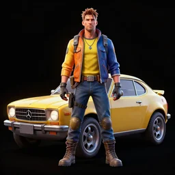 Fallout Civilian Car Concept Art, black background, vibrant colors, 8k photorealistic, HD, high details, trending on artstation