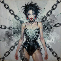 neon japaneese nymphomaniac, mixed media collage, assemblage, photomontage, oil painting, minimalist, contemporary art, punk art, photorealistic, portrait, expressionism, masterpiece, dynamic composition, spectacular quality, intricate details, shattered glass texture, chains, smoke, water
