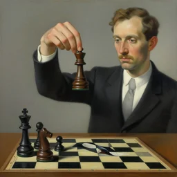 a man holding up a single chess - piece, a surrealist painting by marcel duchamp, complex artificial - intelligence machinery, flickr contest winner, studio portrait, 1 9 2 0 s