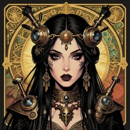 a detailed portrait illustration of a steampunk sorceress - queen. beautiful cherokee female face. goth tribal aesthetic. art nouveau, pop art, comic book style. influenced by neil gaiman, eugene grasset, dan mumford, brian froud, vadim voitekhovitch, android jones, ross tran.