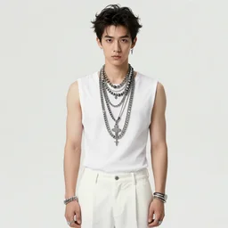 a character model design of a handsome young man wearing excessive jewelry in a minimal way