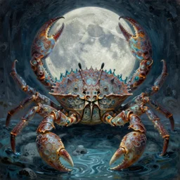 gigantic arthropod, lunar crab god, water crown,, full moon, lunar imagery, clawed crustaceans, digital oil painting by artgerm, greg rutkowski, mucha, masterpiece portrait | art nouveau. gloomhaven. ornate intricate detail, complimentary water tones. sharp edges. clear detailed. 8 k. elegance