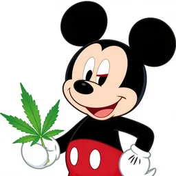 micky mouse holding a cannabis leaf, red half closed eyes, cartoon
