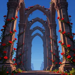 pixel art by lois van baarle of broken arches leading to the pillars of eternity draped with red flowers and vines, blue sky, lens flare, a sense of mystery, cinematic, ultra detailed, intricate, sharp focus, trending on artstation, 8K