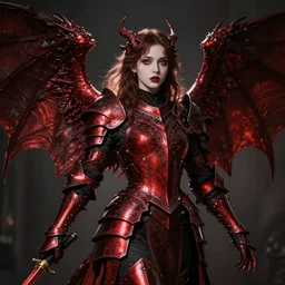 angel knight gothic girl in dark and red dragon armor. by gaston bussiere