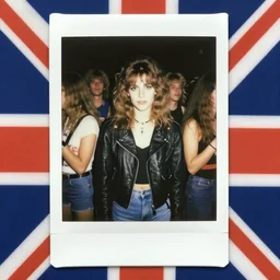 19-year-old girl wearing black leather jacket and denim jeans, New Wave of British Heavy Metal, 1981, Polaroid, crowd of longhairs, British flag, concert