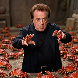 Detailed Danny Devito fighting an army of small red crabs