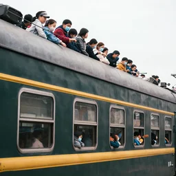 photograph of a train, humans on top, hanging out of the windows