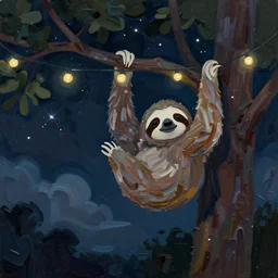 beautiful dark night with many stars and clouds, a cute sloth hanging on a tree, string lights, everything!! made of thick flowing dramatic brush strokes, abstract impressionism, matte colors, trending on artstation