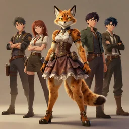 wide angle beautiful full body portrait of a strong female anthropomorphic anthro lynx fursona wearing a steampunk dress. character design by disney, anime, manga, charlie bowater, ross tran, artgerm, and makoto shinkai, detailed, soft lighting, rendered in octane