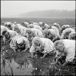 movie still by tarkovsky of a crowd of elder women in a dirty white dresses crawling in a swamp with snow and muguets, cinestill 8 0 0 t 3 5 mm b & w, heavy grain, high quality, muddy, foggy