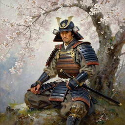 an oil painting of a male samurai warrior wearing armor and katana while sitting under a cherry tree with white blossoms, greg rutkowski, edward robert hughes, tony sart