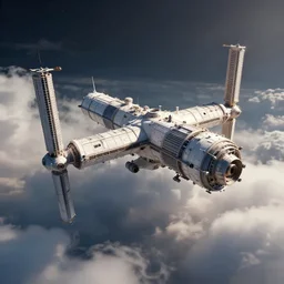 a computer generated image of a space station in the clouds, a computer rendering by senior environment artist, polycount, cubo - futurism, rendered in cinema 4 d, rendered in unreal engine, volumetric lighting