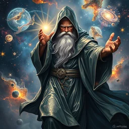 wizard wearing flowing metallic robes conjuring the universe, full body, galaxies, nebulas, highly detailed face, detailed eyes, ultra dramatic lighting, bright radial arcs of light, radiant stars, intricate, hyper detailed, masterpiece, beautiful painting by ruan jia, artgerm, alphonse mucha, frank frazetta