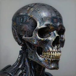 dark cyborg armour skull made of intricate complex circuitry and microchips, iridescent, colorful, intricate linework, realistic oil painting, rutkowski, wlop, chebokha, artgerm