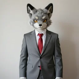 furry anthro rex grey suit red tie centered realistic facing camera 4 k trending detailed