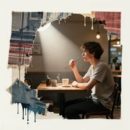 a person, sitting in a cafe, side portrait, passionate, spotlight, dramatic, paint drips, textiles, collage, mixed media, paint splatter, scraps, vibrant colors, futuristic clothing, beautiful eyes, broken glass, by marco paludet, by jeremy mann, by hannah hoch