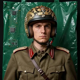 portrait of a cool third reich soldier in ornate motorcycle dirt helmet in a helmet background green plastic bag, circuitboard,, rich deep colors, ultra detail, by francis bacon, james ginn, petra courtright, jenny saville, gerhard richter, zdzisaw beksinsk, takato yamamoto. masterpiece, elegant fashion studio ighting 3 5 mm