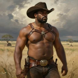 a beautiful dramatic epic painting of a thicc!! shirtless handsome black man | he is wearing a leather harness and cowboy hat | prairie setting, dust clouds | homoerotic, highly detailed, dramatic lighting | by Mark Maggiori, by William Herbert Dunton, by Charles Marion Russell | trending on artstation