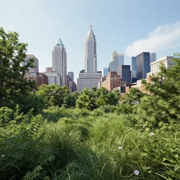 the city of Philadelphia in the future, overgrown with nature