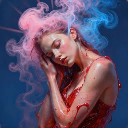 3 d, pink and blue smoke, sun rays, sleepy fashion model, sweat skin, liquid red metal, poster art, high detail, intricate oil painting, multiple exposure, deep blue mood, hyperrealism, 3 d, by tooth wu and wlop and beeple and greg rutkowski