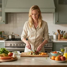 wide shot photoshoot of gwyneth paltrow preparing a meal, 8 k, photorealistic