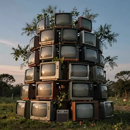 tree full of CRT televisions evening, photorealistic