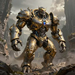 beautiful doomguy robosaurus titan colossus full body well proportioned pacing to cliffs by eddie mendoza hyperrealism expressive eyes cyborgess symmetrical very very detailed giger beksinski grey and gold
