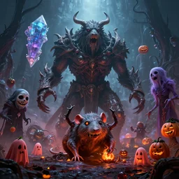 by par olofsson and wayne barlowe visually stunning, cinematic, ultra realistic, hyper realism, 1 2 k, epic, octane render, unreal engine, vfx, maya, life tap, doomguard, giant rat, crystalline oracle, spiritspeaker azun, felfire potion, the halloween tree, sad jack - o - lanterns, strawberry ghosts, nightmarish creatures, apocalyptic hellscapes