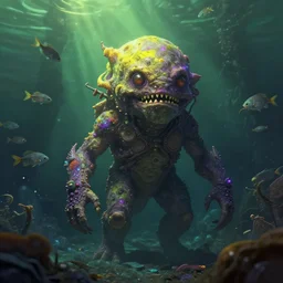 surrealistic monster on alien planet, underwater world, many fish, dim painterly lighting volumetric aquatics, 4 k, detailed, subsurface scattering, green - purple - yellow lighting, trending on pixiv