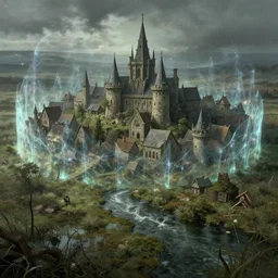 a downtrodden medieval town by a river in a swamp surrounded by a magical transparent barrier, 4k, by Greg Rutkowski, fantasy, mix of celtic and Rus architecture, cinematic