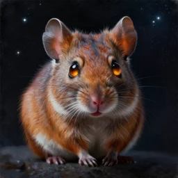 portrait painting of a rodent with amber glowing eyes, background is space with lots of stars unreal render cinematic lighting art by bussiere rutkowski andreas rocha