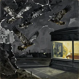 lonely night hawks, painting by shaun tan, detailed, intricate, torn paper decollage, high contrast, noir palette, oil on canvas by edward hopper, ( by mattias adolfsson ), by moebius