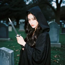 A woman dressed in a black hooded robe, wielding daggers, she is lurking in the shadows of a graveyard, candid disposable camera photo