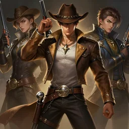 a highly detailed illustration of attractive korean cowboy gunslinger guy, dramatic flashy pose, art by artgerm and greg rutowski and ilya kuvshinov, intricate, elegant, highly detailed, centered, digital painting, artstation, concept art, smooth, sharp focus, league of legends concept art, wlop.
